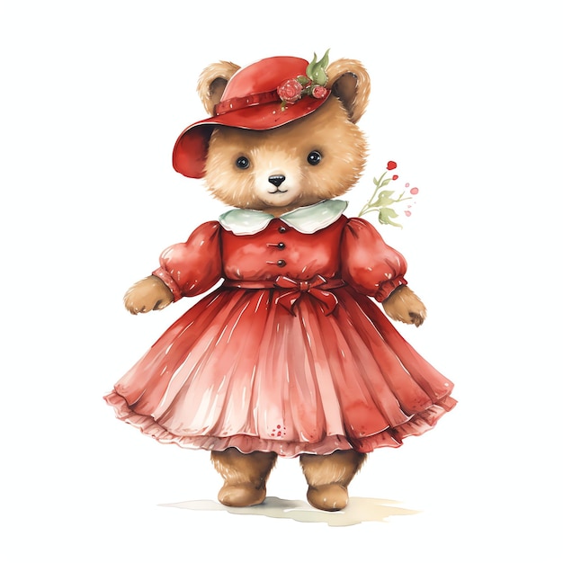 Lindo urso vitoriano aquarela com ilustração de vestido vermelho ursinhos de pelúcia clipart