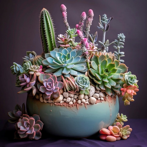 Lindo vaso de plantas suculentas AI