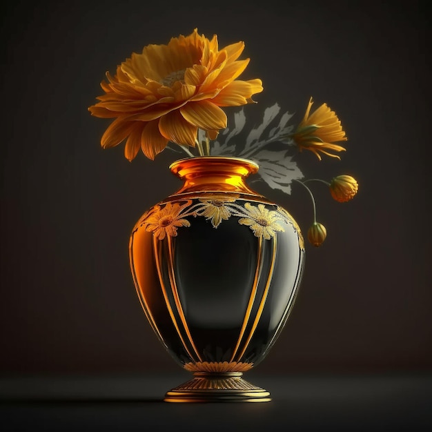 Lindo vaso isolado laranja, amarelo em estilo faberge com flor
