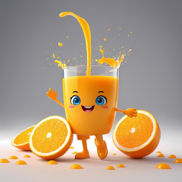 Foto lindo vaso de jugo de naranja de dibujos animados con salpicaduras en fondo monocromático dieta y estilo de vida saludable