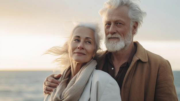 Lindo velho e mulher posando juntos à beira-mar