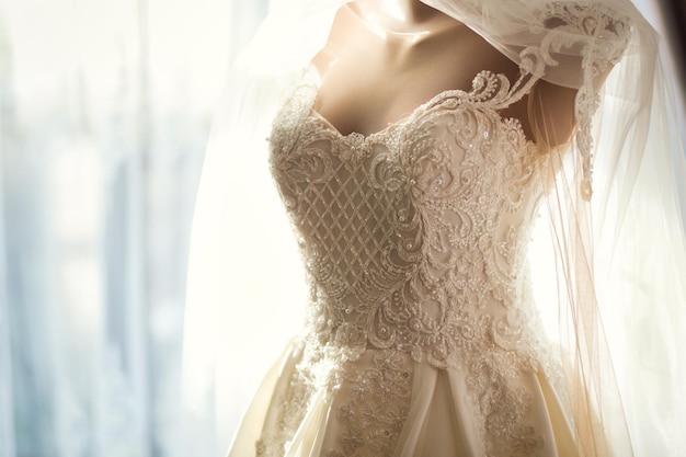 Lindo vestido de noiva pendurado na sala mulher se preparando antes da cerimônia