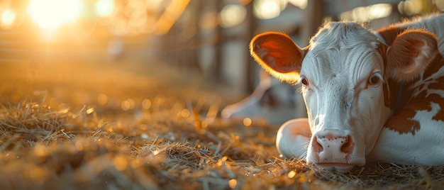 Lindo veterinario femenino en un granero iluminado por el sol que tiende a copiar el espacio de las vacas en el lado derecho