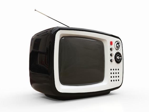 Lindo viejo televisor negro con antena sobre una superficie blanca