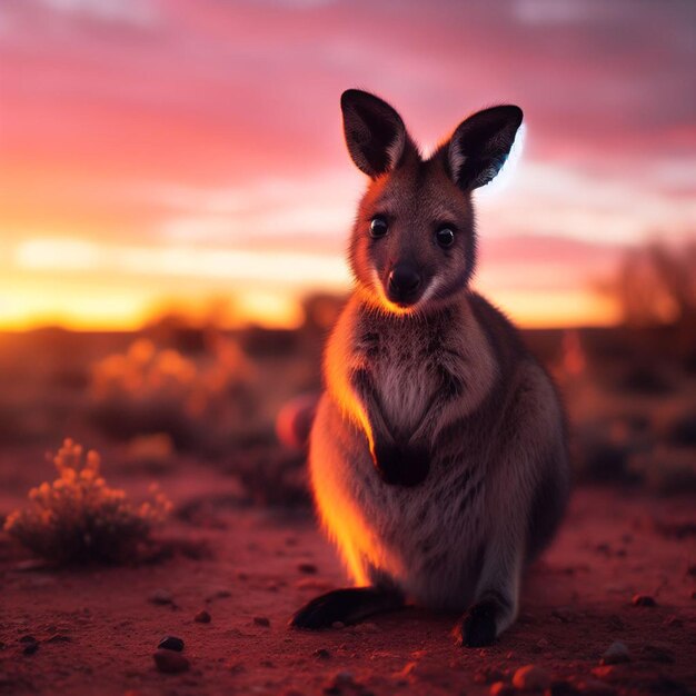 El lindo wallaby de pie en la puesta de sol del interior Ai genera