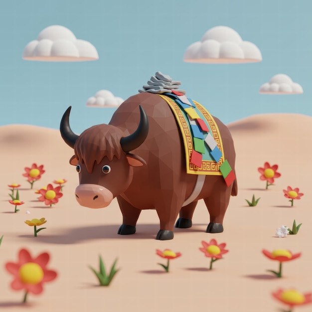 El lindo yak de Lowpoly en un campo de flores