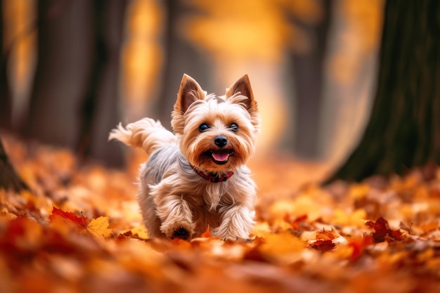 Lindo Yorkshire Terrier al aire libre en un parque otoñal IA generativa