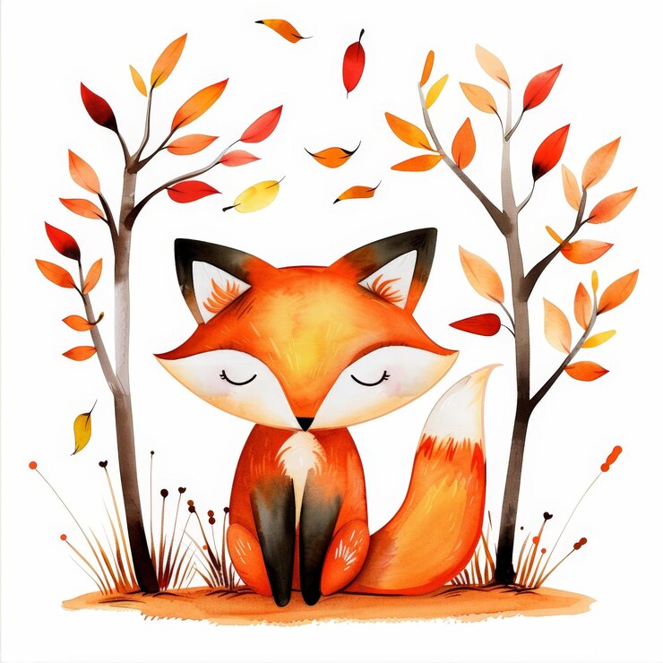 El lindo zorro en el bosque de otoño acuarela Clipart con colores vibrantes en fondo blanco Ilustración de elementos animales