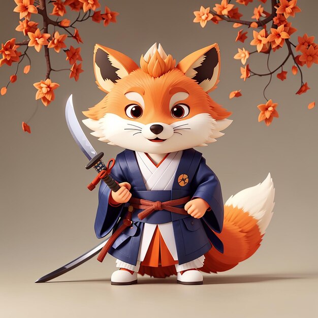 Lindo zorro kitsune samurai con katana dibujos animados icono vectorial ilustración de animales vacaciones aislado plano