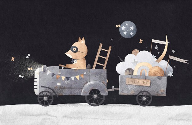 El lindo zorro con una máscara lleva un paisaje teatral Ilustración en acuarela Actuación nocturna
