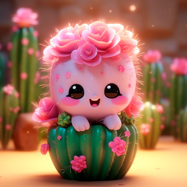 Lindos y adorables cactus y flores con estilo pixar 3d.