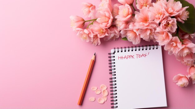 Lindos artigos de papelaria e caderno de flores com a palavra