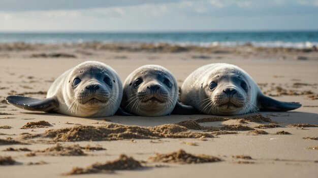 Foto lindos bebés de foca jugando en una playa de arena