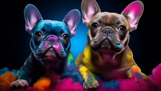 Lindos bulldogs franceses con manchas de pintura de color sobre fondo oscuro