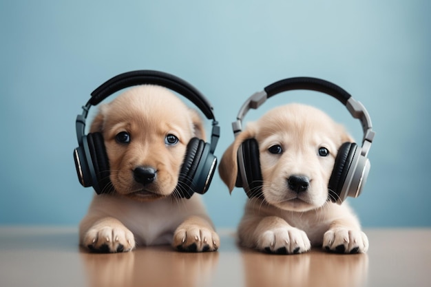 Lindos cachorros escuchando música con auriculares Generative Ai