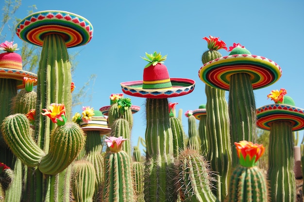 Foto los lindos cactus con sombreros mexicanos crecen sobre el fondo del cielo azul