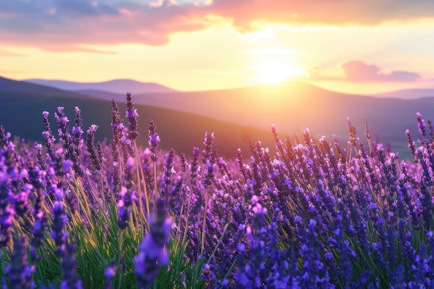 Lindos campos de lavanda ao pôr do sol nas montanhas