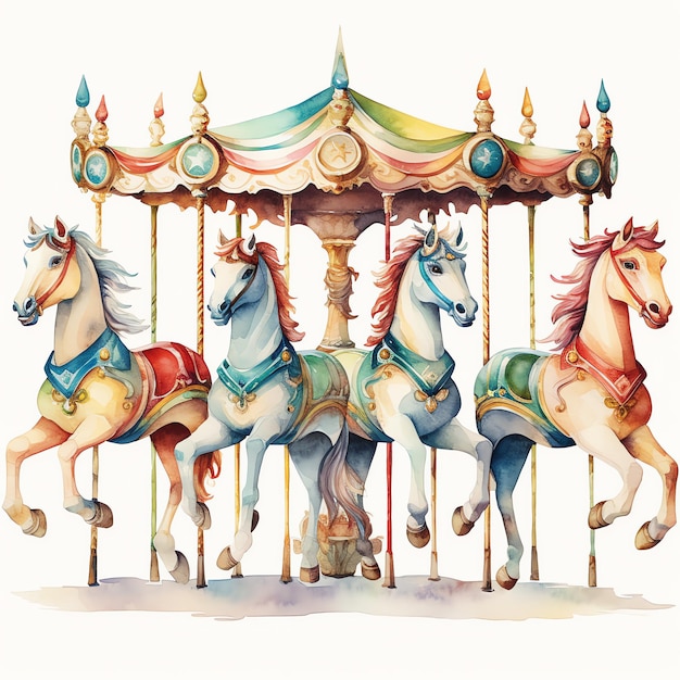 lindos cavalos de carrossel em uma fileira ilustração de clipart de carnaval em aquarela
