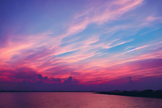 Lindos céus e nuvens rosa pastel e roxo à noite enquanto o sol se põe