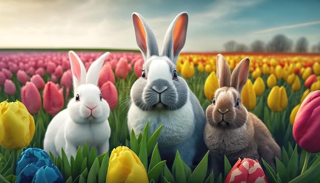 Lindos conejitos de Pascua con campo de flores de tulipán IA generativa