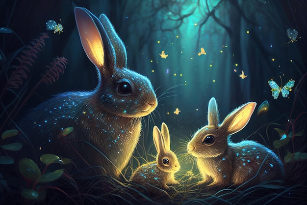 Lindos conejitos de Pascua familiares en un bosque mágico con luciérnagas brillantes y estilo de ilustración de colores brillantes como en un libro de cuentos de hadas