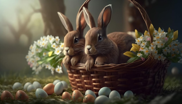 Lindos conejos reunidos alrededor de una canasta de Pascua llena de huevo de chocolate IA generativa