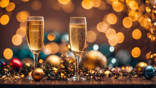 Lindos copos com champanhe bokeh fundo festivo bolas de Natal
