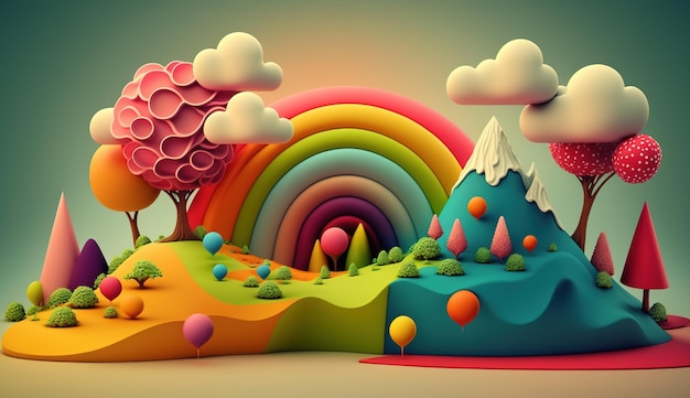 lindos doces multicoloridos formando uma paisagem de fantasia com as cores do arco-íris