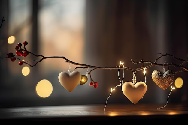 Lindos e delicados enfeites de Natal em forma de coração em galho de árvore fundo desfocado Generative AI
