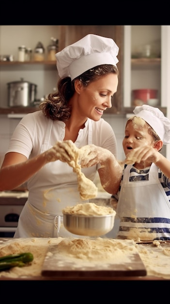 Foto lindos filhos usando chapéu de chef e avental na cozinha