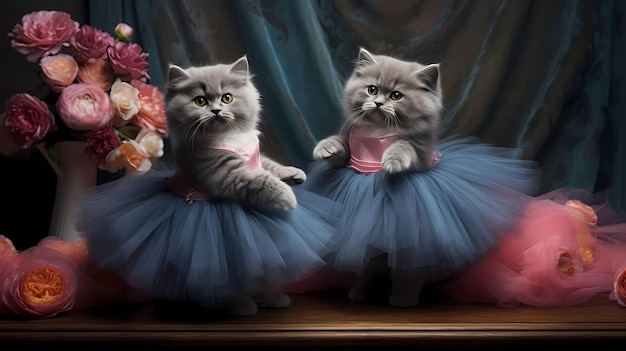 Lindos gatitos esponjosos posando vestidos con el tutú AI generativa