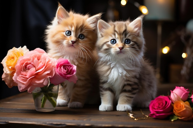 Lindos gatitos con flores en jarrón sobre mesa de madera