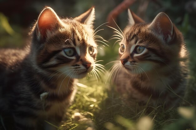 Lindos gatitos en la hierba en la red neuronal de la naturaleza generada por ai