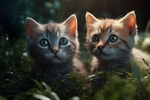 Lindos gatitos en la hierba en la red neuronal de la naturaleza generada por ai