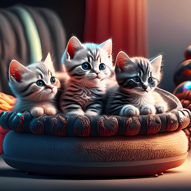 Lindos gatitos sentados en una cama para gatos