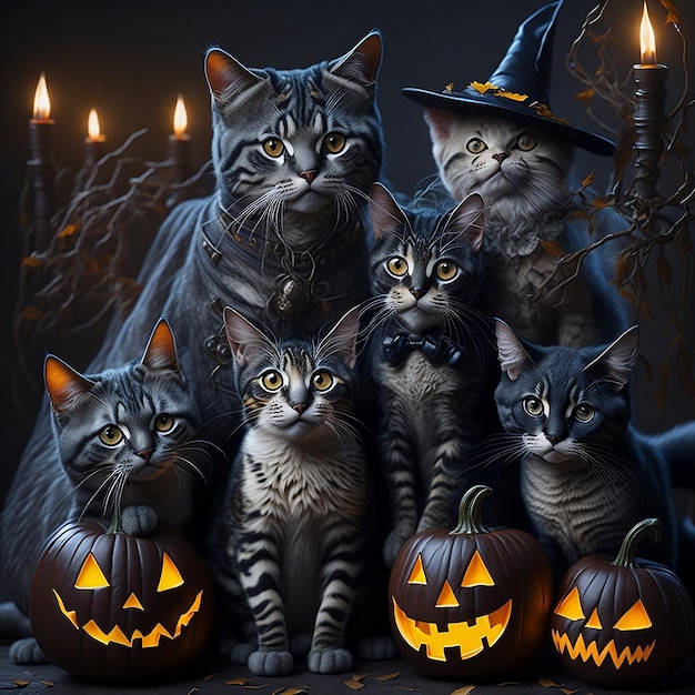 Lindos gatos celebrando la fiesta de Halloween con calabazas y murciélagos