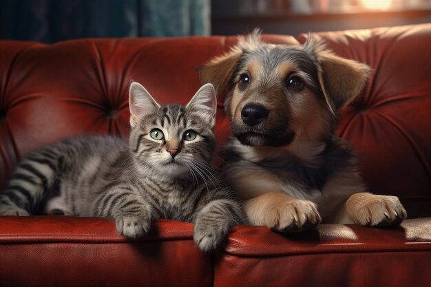 Lindos gatos y perros tienen hermoso cabello esponjoso en el suave sofá de la casa IA generativa