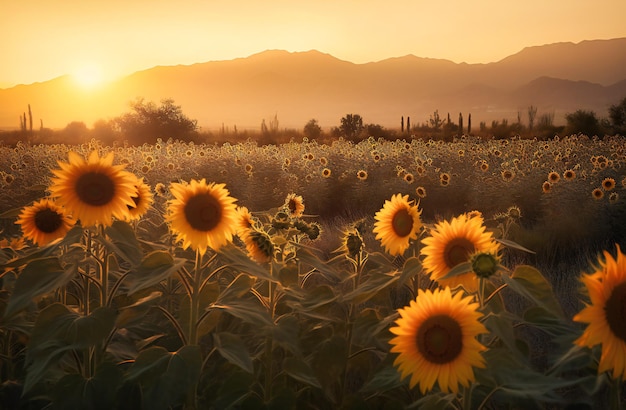 Lindos girassóis e montanhas em um campo perto do pôr do sol