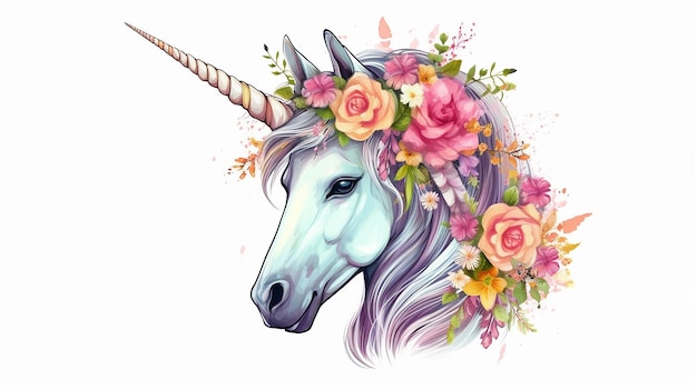 Lindos gráficos de unicornio con corona de flores sobre fondo blanco IA generativa