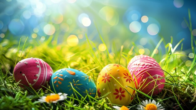 Los lindos huevos de Pascua en la hierba verde esperan la inminente celebración