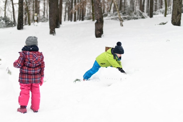 Lindos irmãos brincando na neve