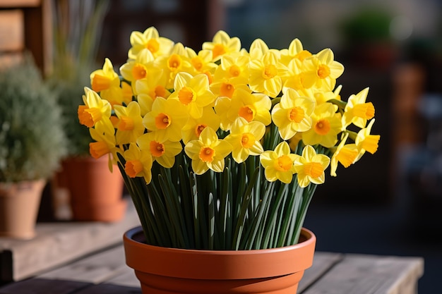 Lindos narcisos amarelos de primavera numa panela numa mesa de madeira nos raios do sol