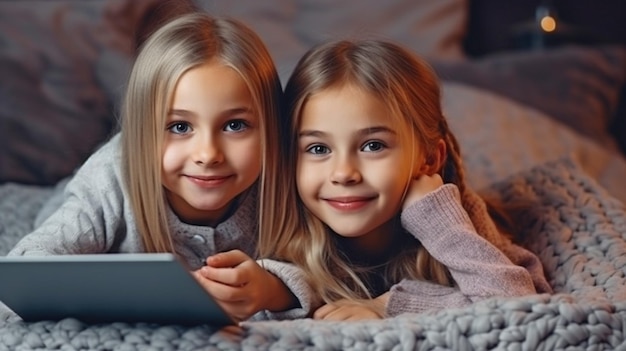 Lindos niños pequeños acostados en una cama con una computadora portátil usando IA generativa