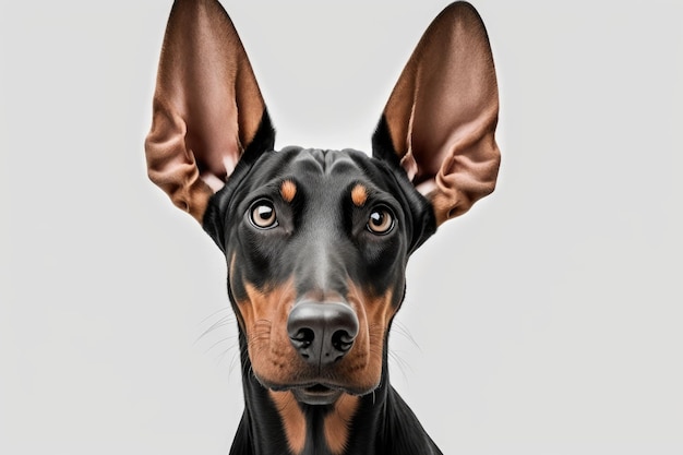 Lindos oídos de un perro Dobermann sobre un fondo blanco.