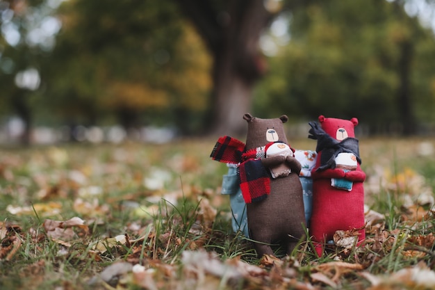 lindos ositos de peluche hechos a mano en el jardín de otoño