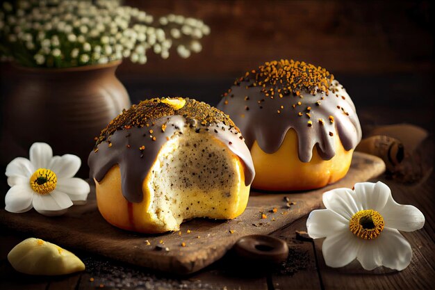 Lindos pãezinhos doces de sementes de papoula com massa esponjosa e cobertura de marzipã