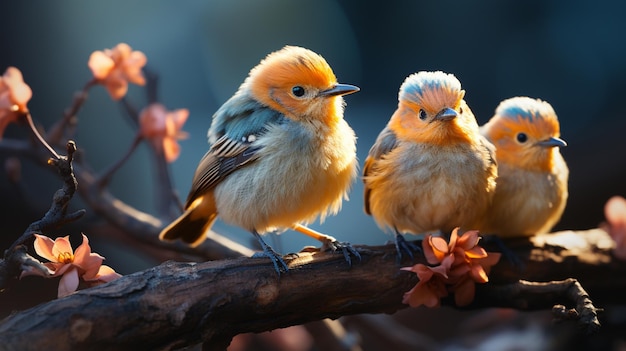 Los lindos pájaros de primavera sentados en la rama