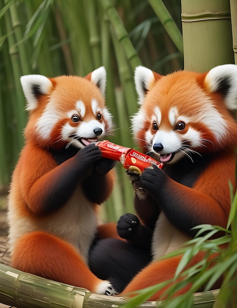 Foto los lindos pandas rojos comparten un bocadillo de bambú