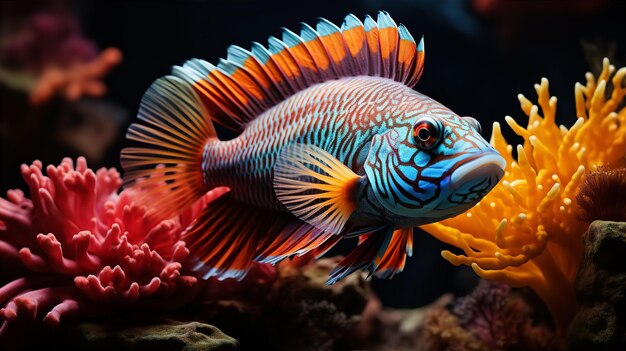 Lindos peixes azuis entre algas no oceano ou mar