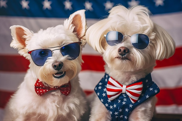 Lindos perritos visten ropa festiva con los colores de la bandera americana Día de la Independencia o día de la bandera Ilustración generativa de IA